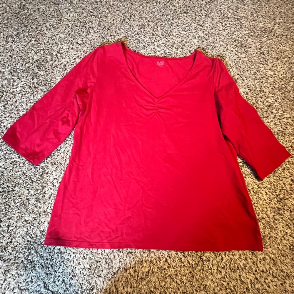 Eileen Fisher Red V-Neck Ruched 3/4 Sleeve Top Tunic Blouse Made in USA Womens L